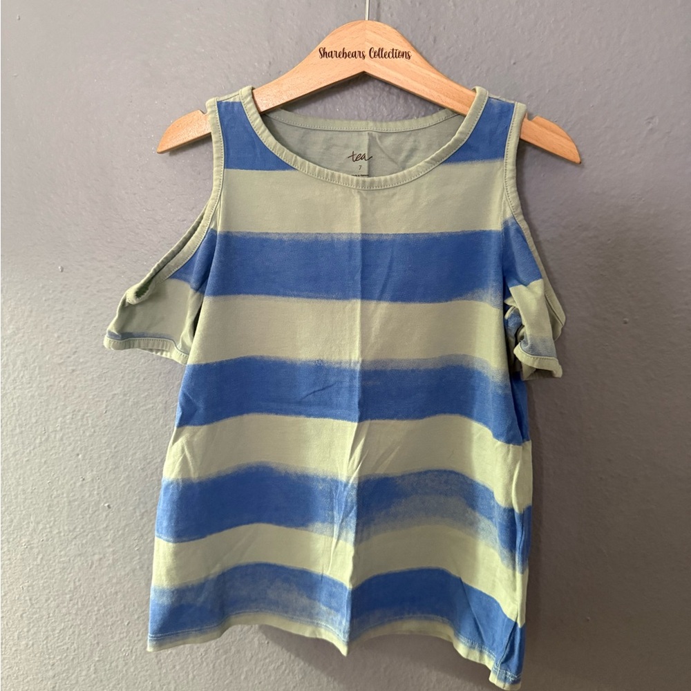 Tea Collection Blue and Green Striped Cold-Shoulder Tank